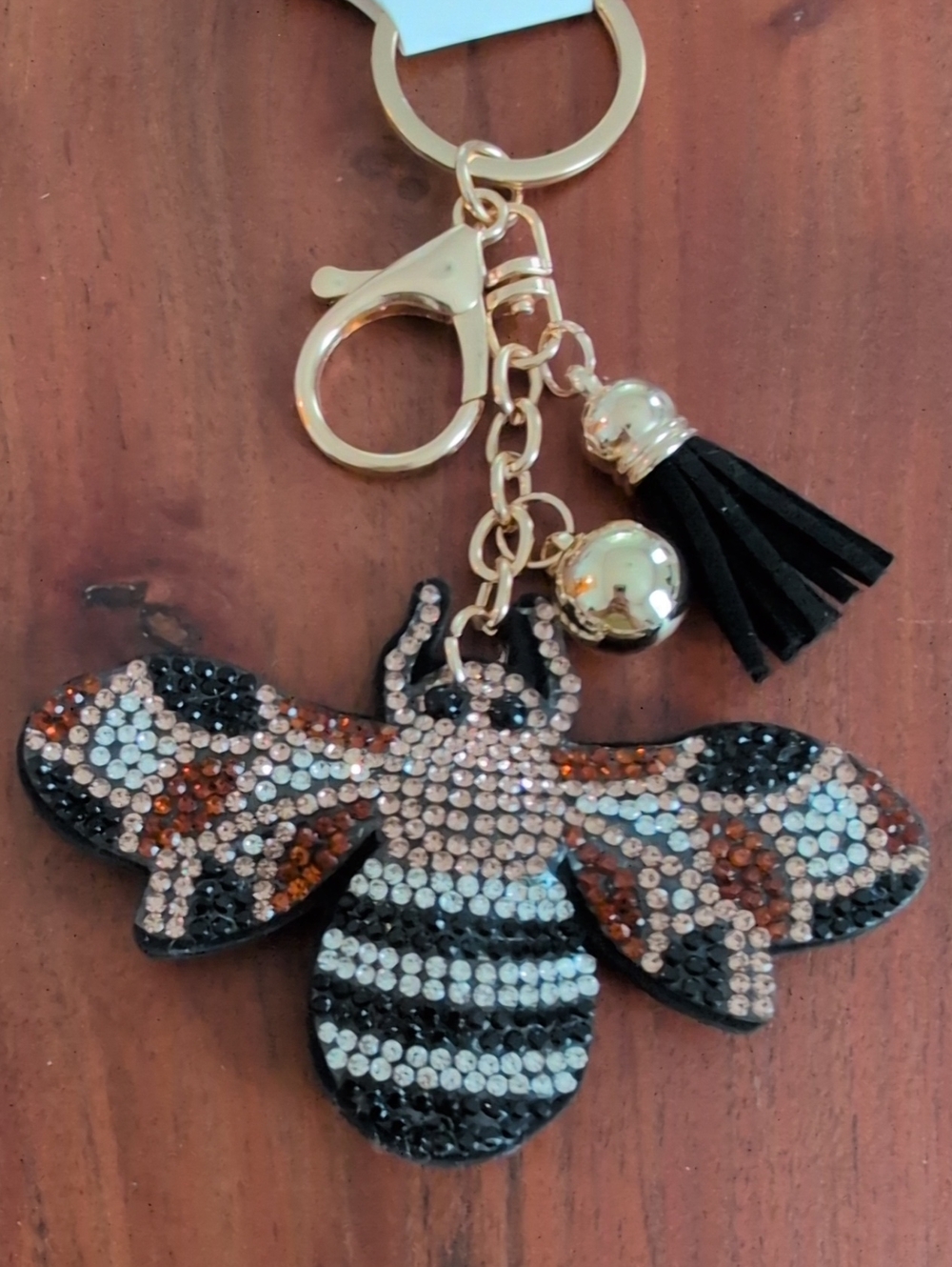 Rhinestone Bee Keychain with Tassel - Black, White & Brown
